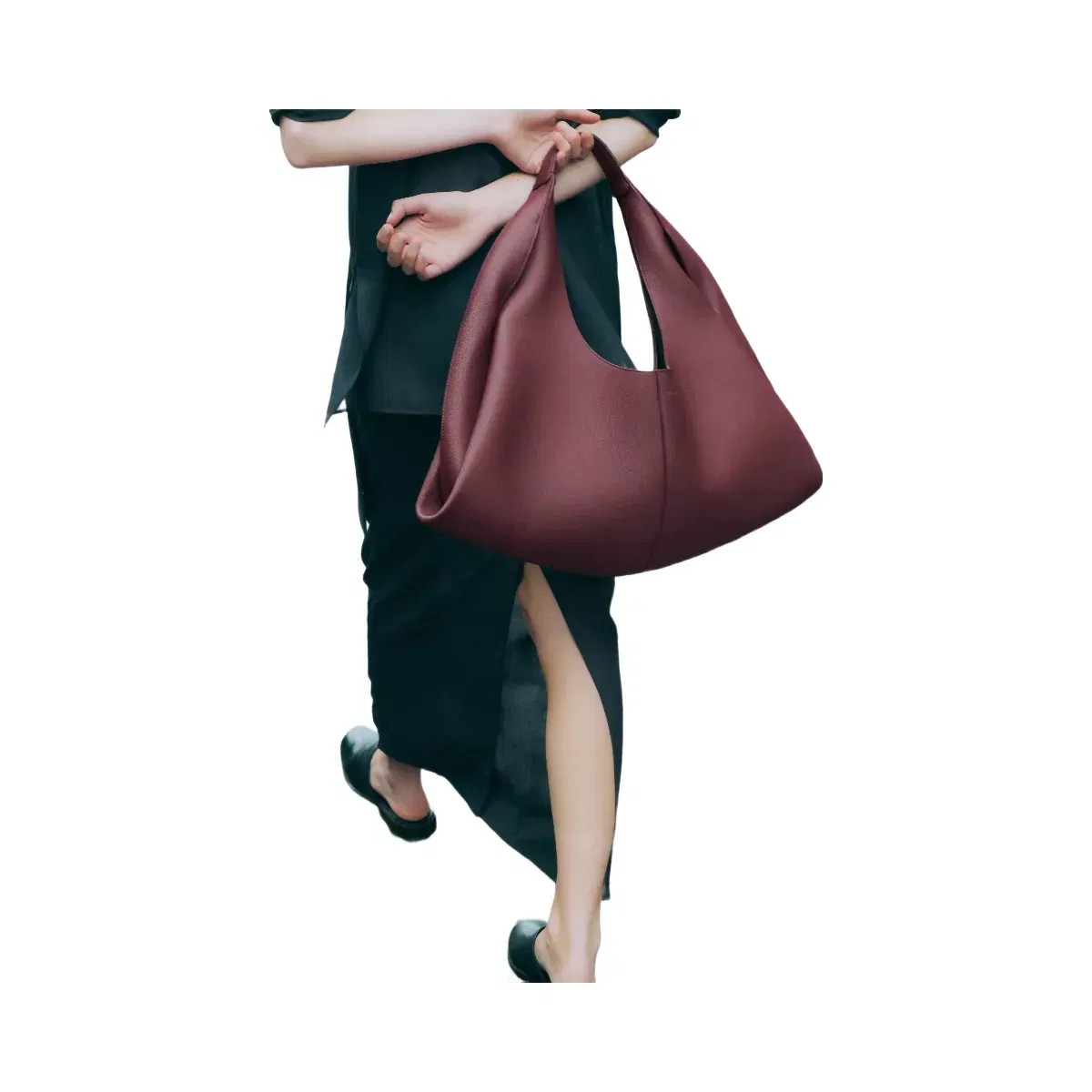 Polène Shuldo Textured Leather Bag Black Cherry