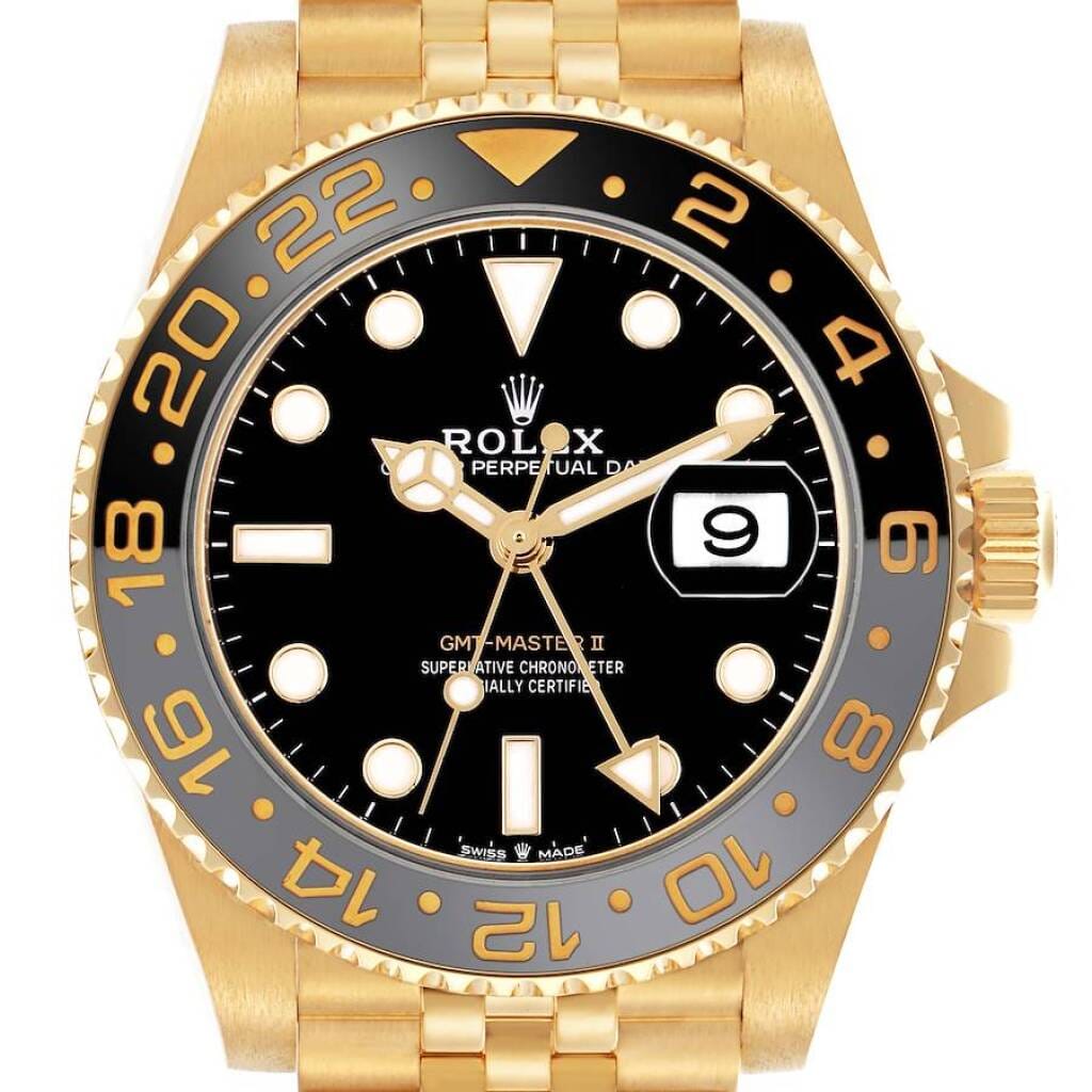 GMT-Master II (Reference 126718GRNR). A 40mm yellow gold automatic wristwatch with date and dual time. 2024