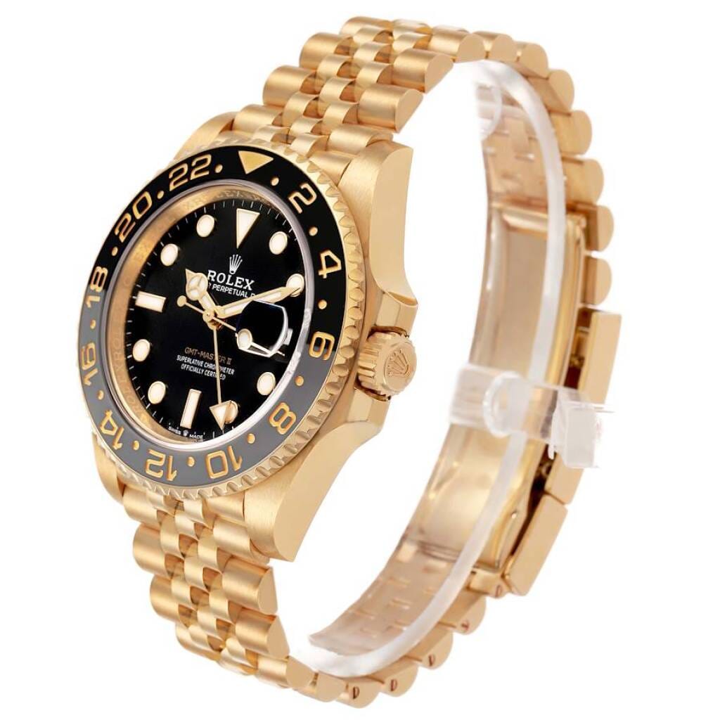 GMT-Master II (Reference 126718GRNR). A 40mm yellow gold automatic wristwatch with date and dual time. 2024