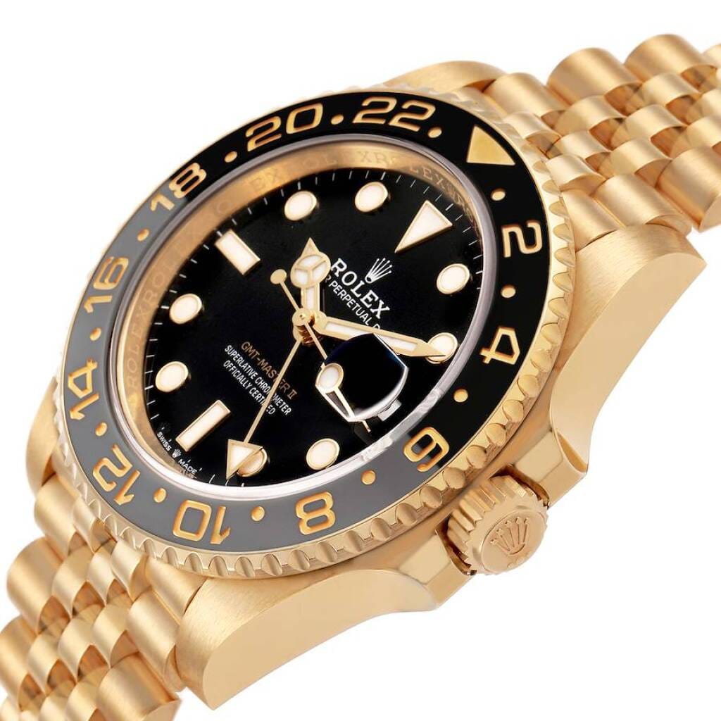 GMT-Master II (Reference 126718GRNR). A 40mm yellow gold automatic wristwatch with date and dual time. 2024