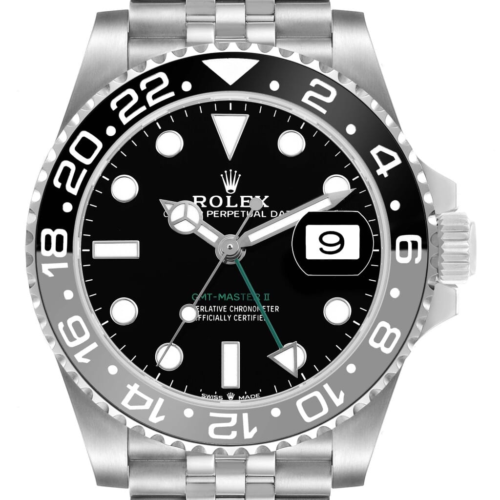 GMT-Master II 'Bruce Wayne' (Reference 126710GRNR). A 40mm stainless steel automatic wristwatch with date and dual time. 2025