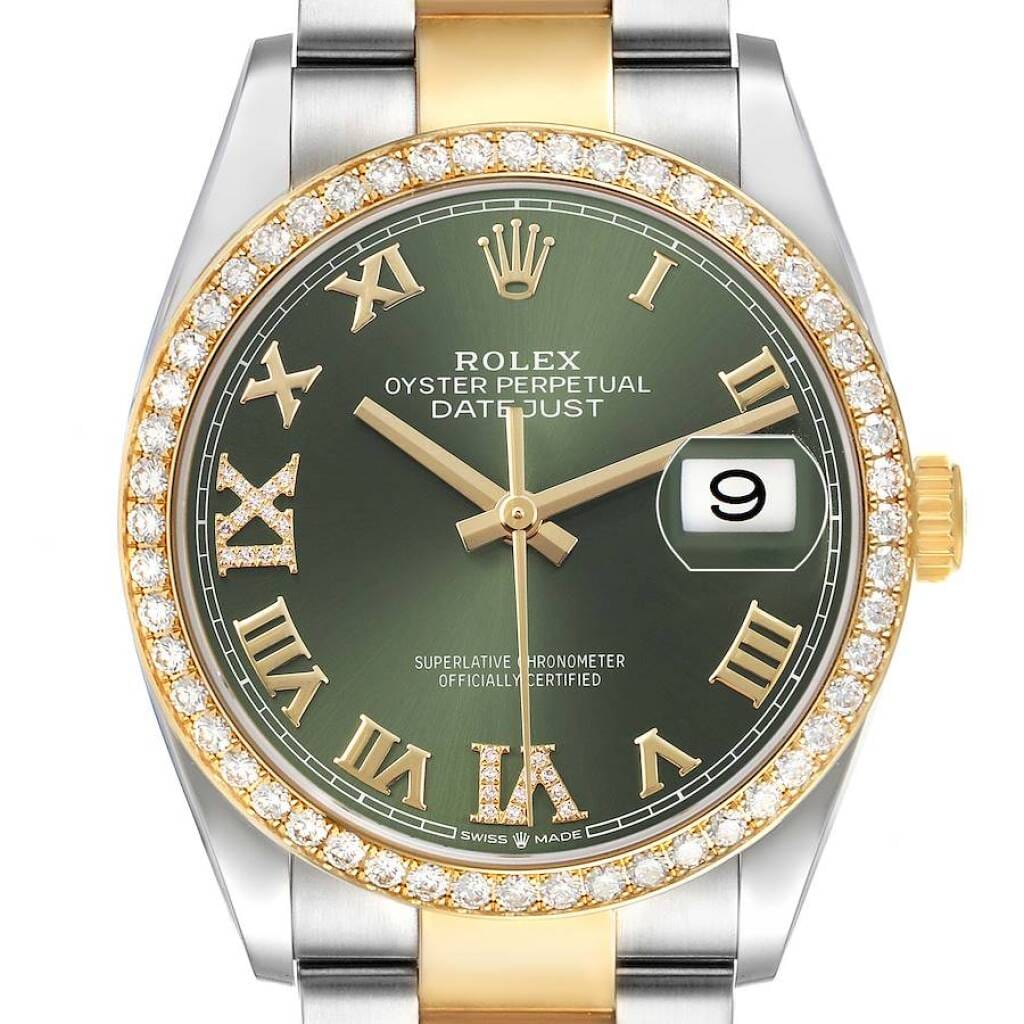 Datejust (Reference 126283). A 36mm yellow gold stainless steel diamond-set automatic wristwatch with date.