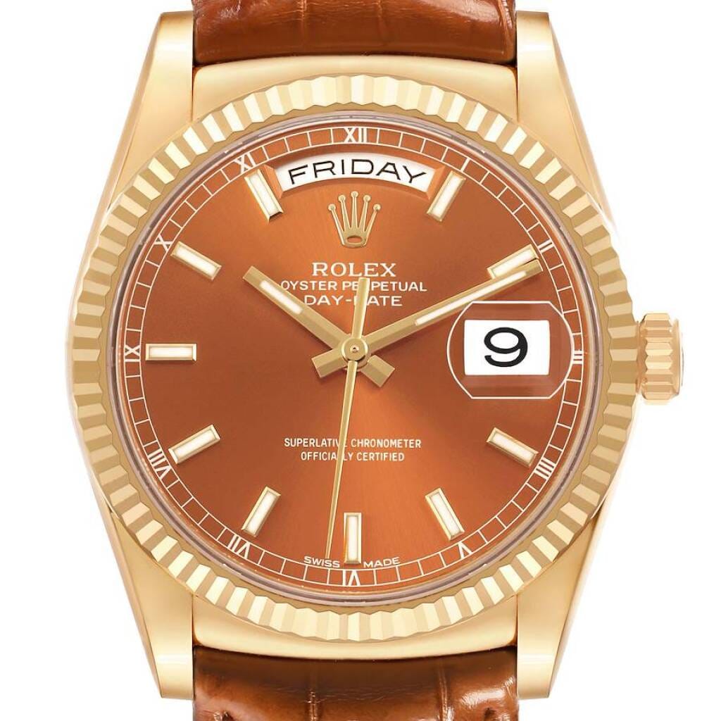 President Day-Date (Reference 118138). A 36mm yellow gold automatic wristwatch with date and day.