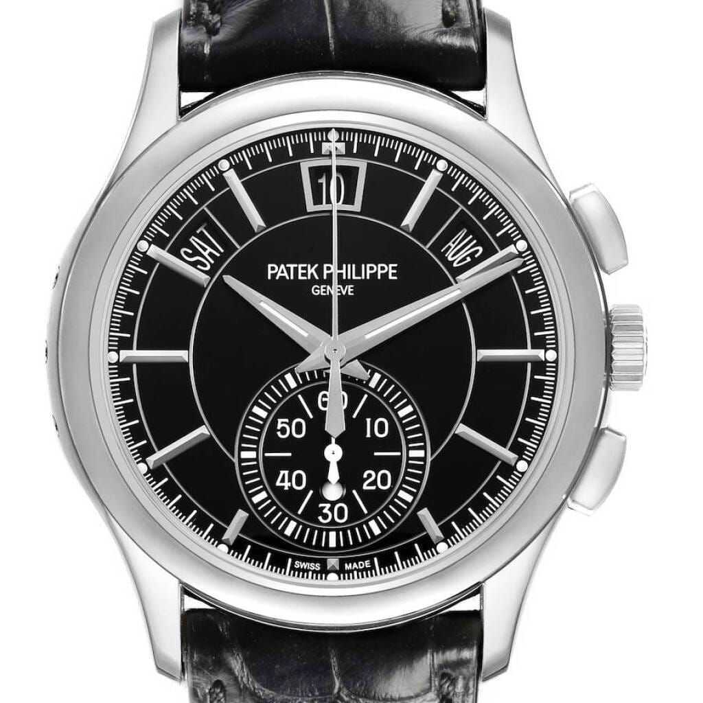 Complications (Reference 5905P-010). A 40mm platinum automatic wristwatch with flyback chronograph and annual calendar. 2017