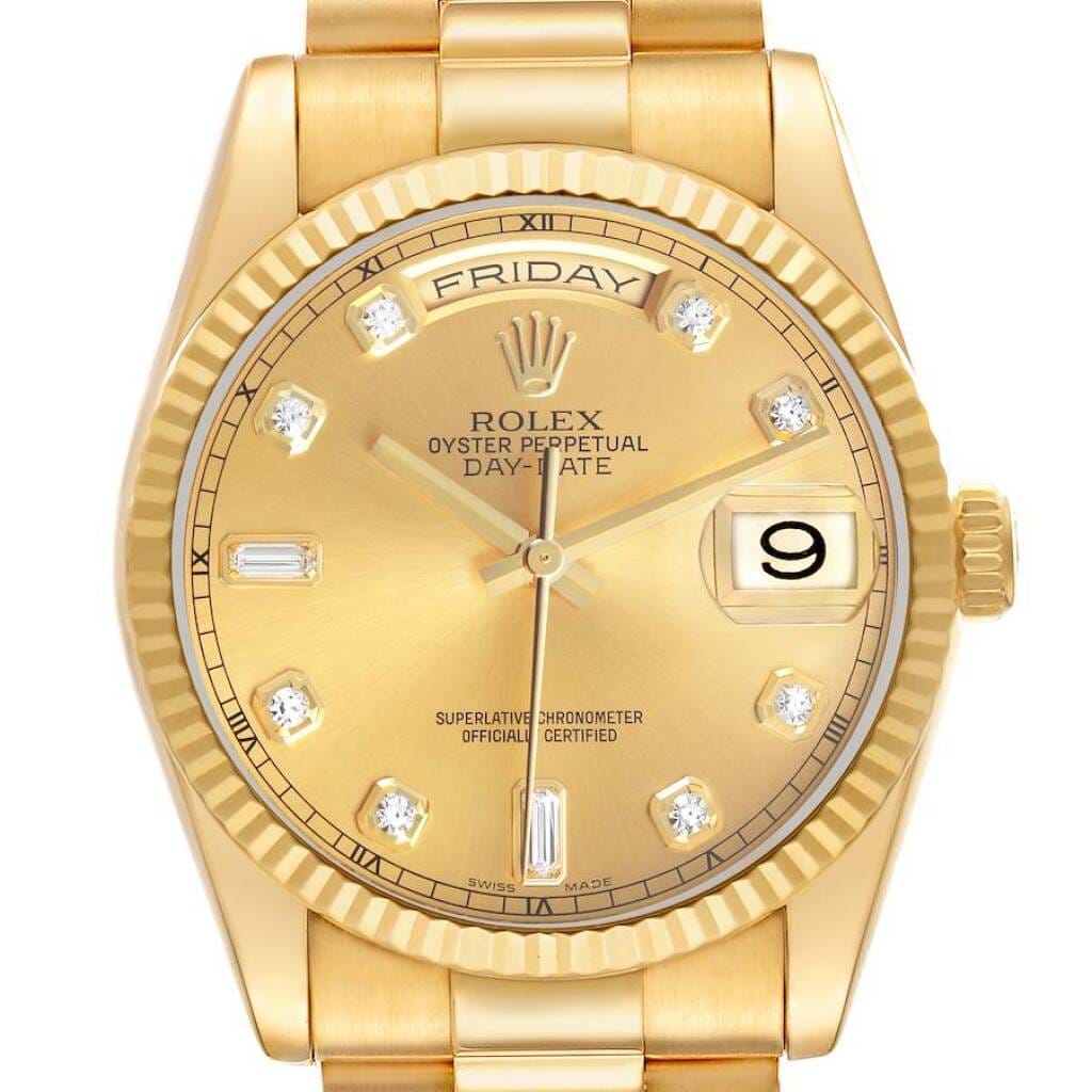 President Day-Date (Reference 118238). A 36mm yellow gold diamond-set automatic wristwatch with date and day. 2008