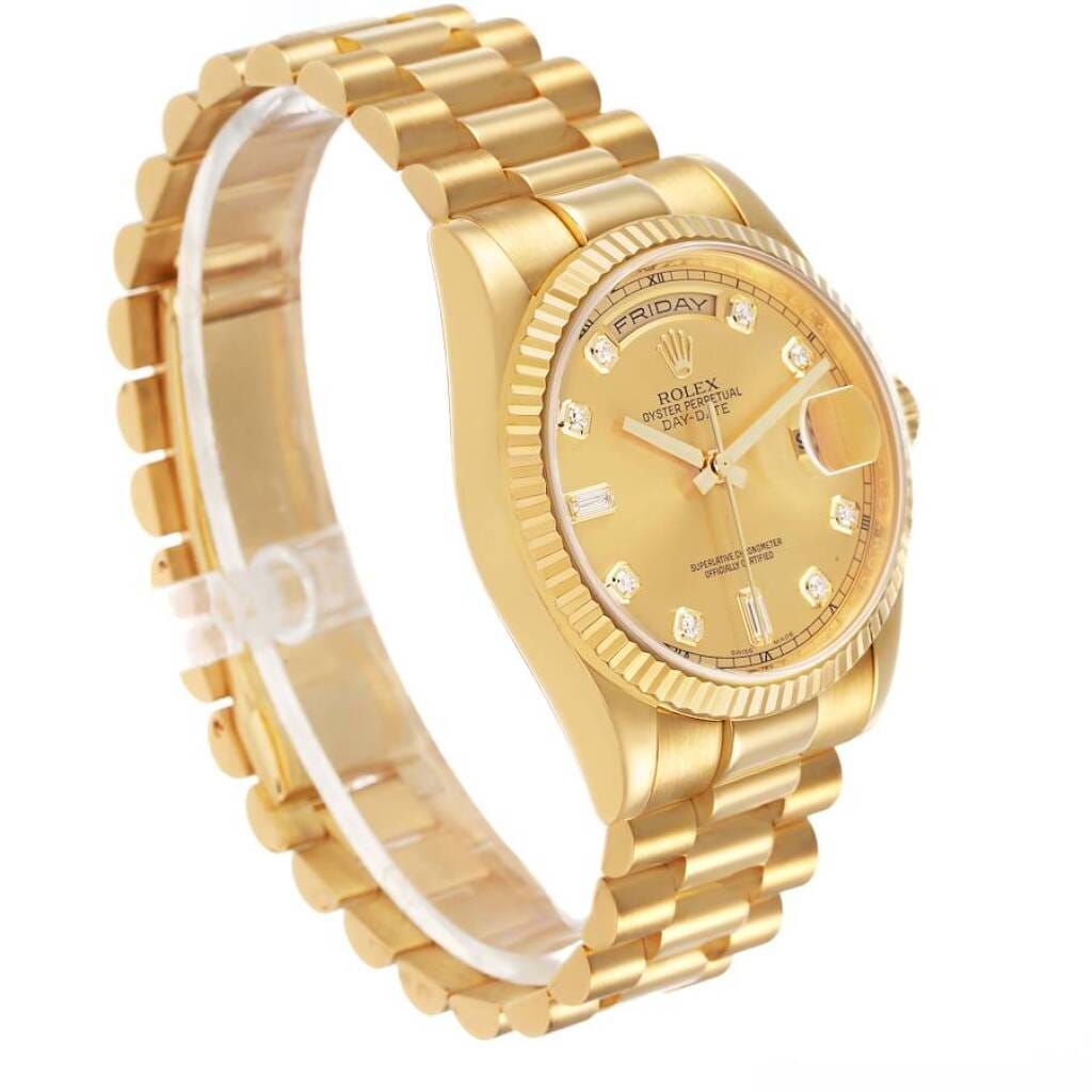 President Day-Date (Reference 118238). A 36mm yellow gold diamond-set automatic wristwatch with date and day. 2008