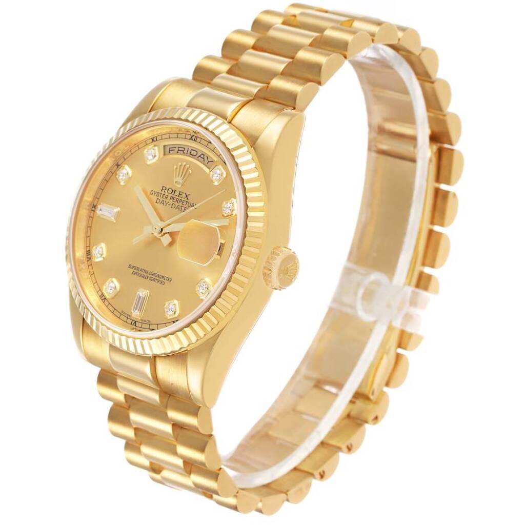 President Day-Date (Reference 118238). A 36mm yellow gold diamond-set automatic wristwatch with date and day. 2008
