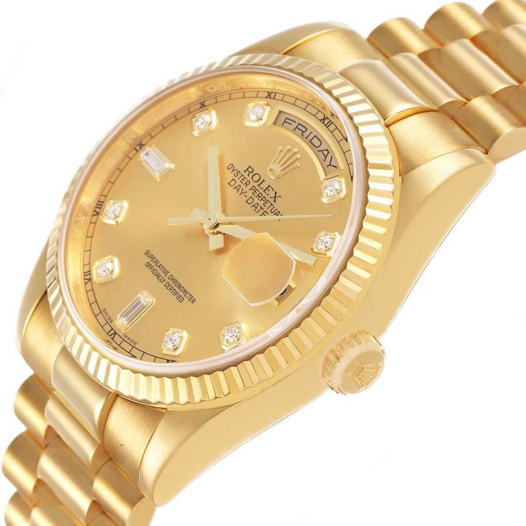 President Day-Date (Reference 118238). A 36mm yellow gold diamond-set automatic wristwatch with date and day. 2008