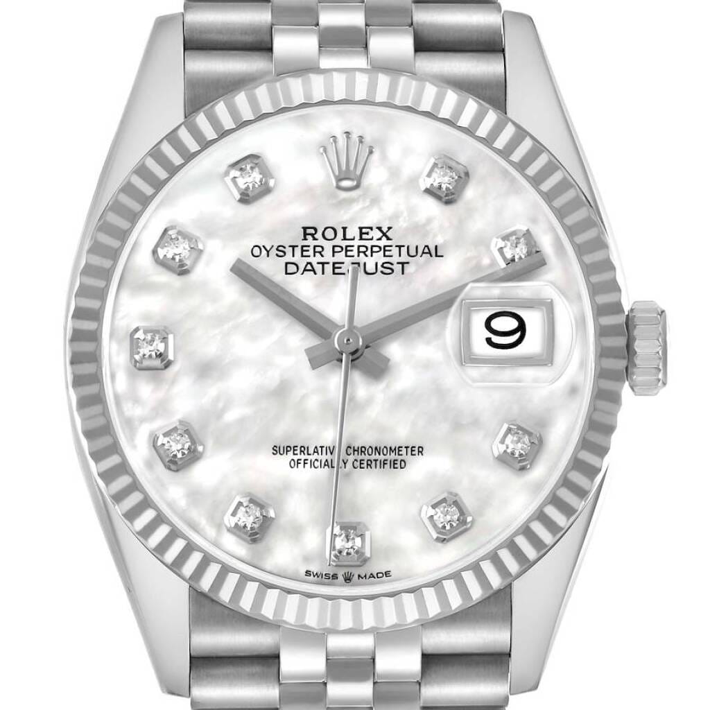 Datejust (Reference 126234). A 36mm white gold stainless steel diamond-set automatic wristwatch with date.