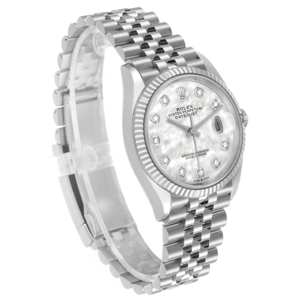 Datejust (Reference 126234). A 36mm white gold stainless steel diamond-set automatic wristwatch with date.