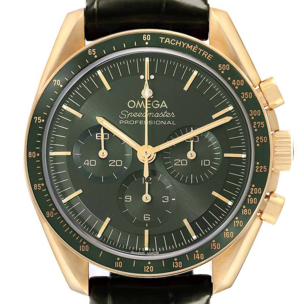 Speedmaster Moonwatch (Reference 310.63.42.50.10.001). A 42mm yellow gold manual wind wristwatch with chronograph.