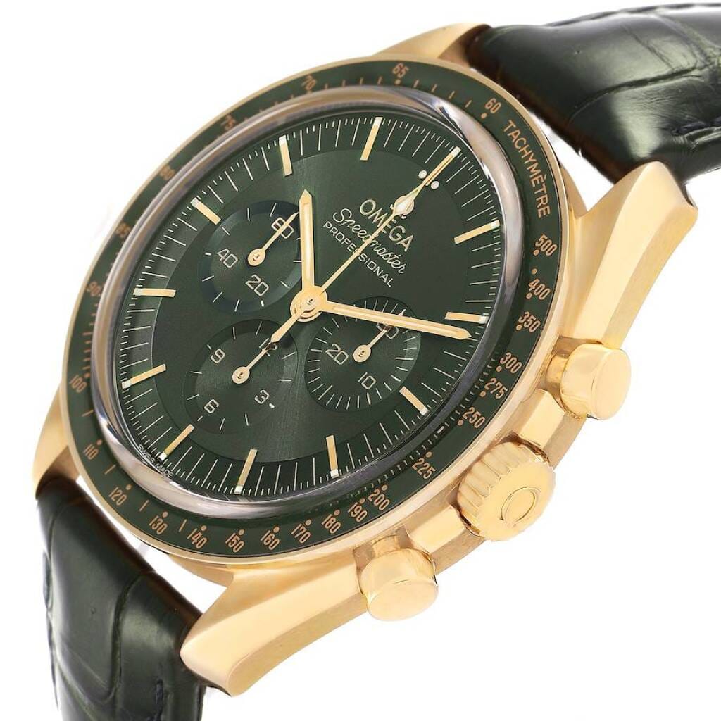 Speedmaster Moonwatch (Reference 310.63.42.50.10.001). A 42mm yellow gold manual wind wristwatch with chronograph.
