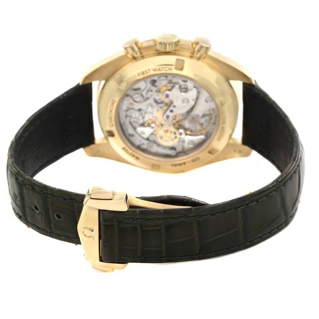 Speedmaster Moonwatch (Reference 310.63.42.50.10.001). A 42mm yellow gold manual wind wristwatch with chronograph.