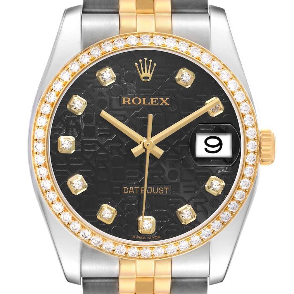 Datejust (Reference 116243). A 36mm yellow gold stainless steel diamond-set automatic wristwatch with date.