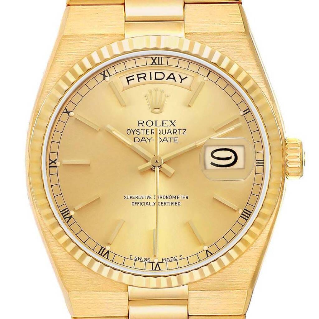 President Day-Date Oysterquartz (Reference 19018). A 36mm yellow gold quartz wristwatch with date and day. 1981-1982