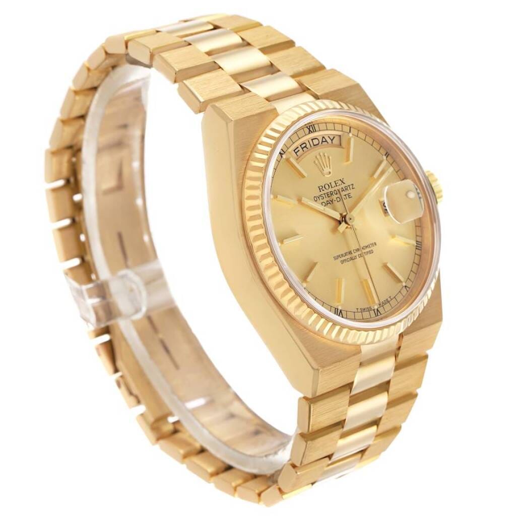 President Day-Date Oysterquartz (Reference 19018). A 36mm yellow gold quartz wristwatch with date and day. 1981-1982