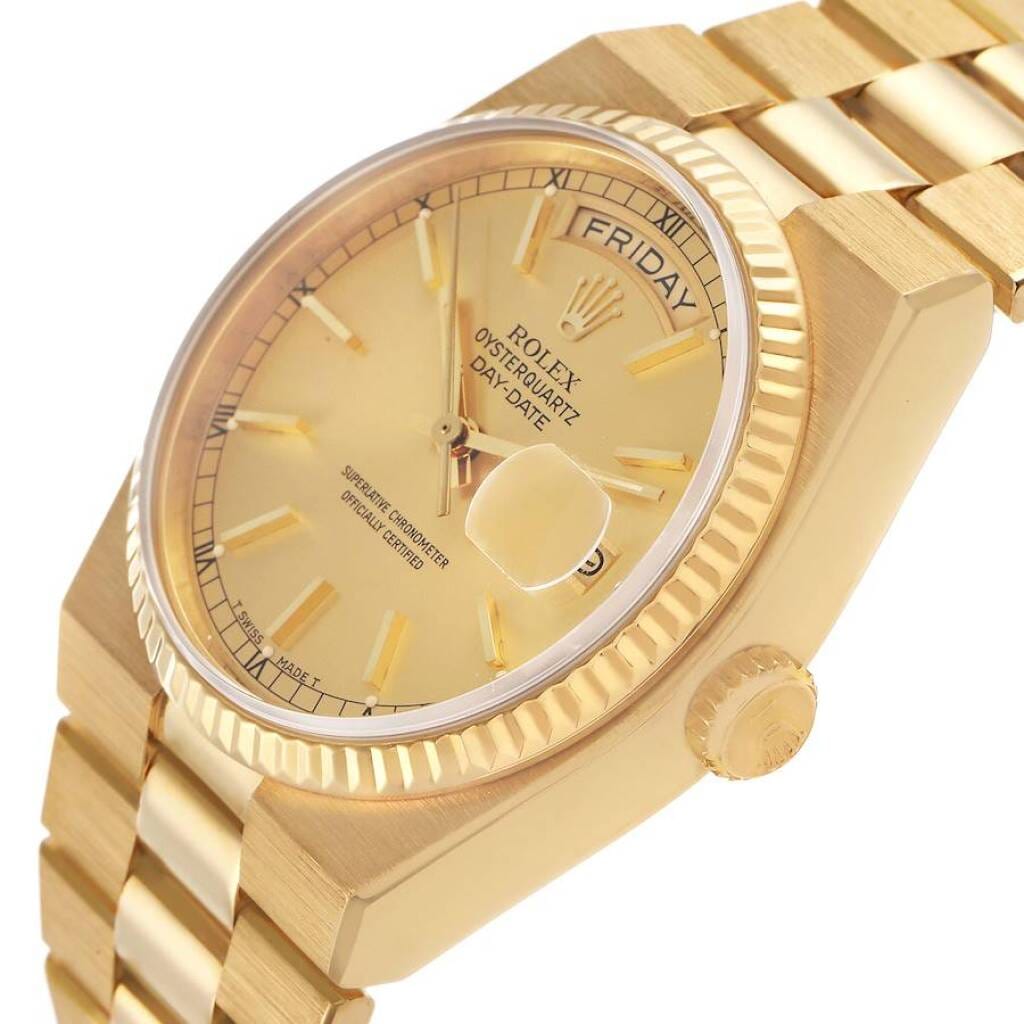 President Day-Date Oysterquartz (Reference 19018). A 36mm yellow gold quartz wristwatch with date and day. 1981-1982