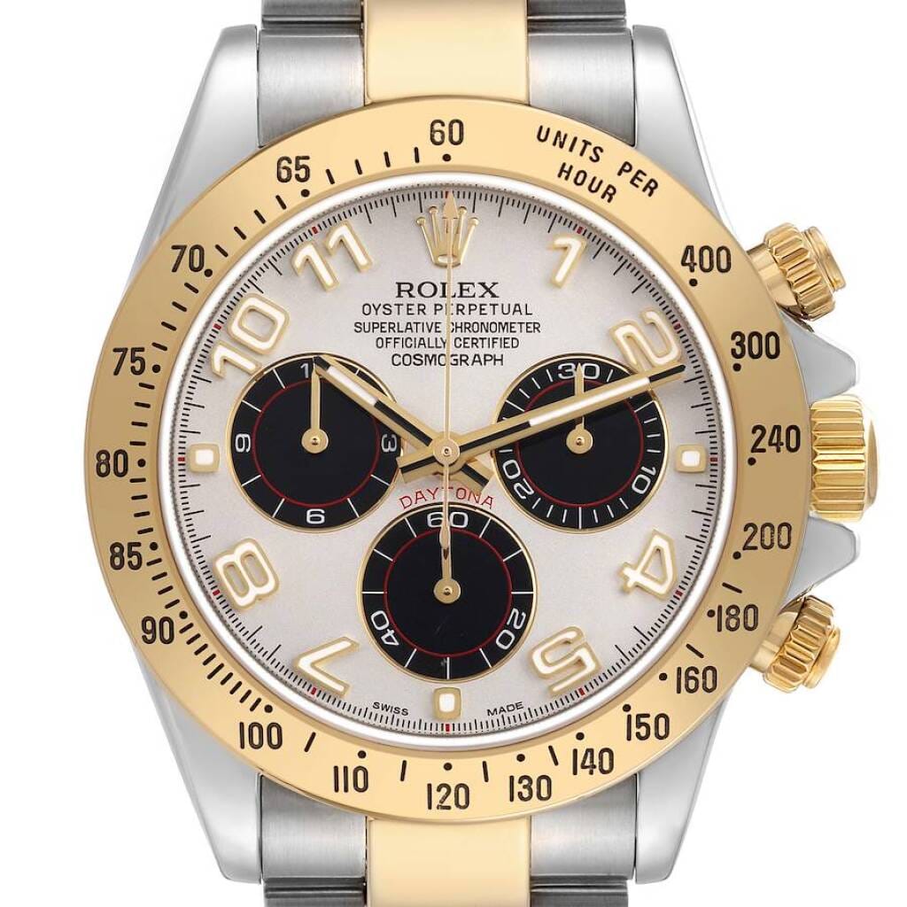 Cosmograph Daytona Panda Racing Dial (Reference 116523). A 40mm yellow gold stainless steel automatic wristwatch with chronograph. 2015