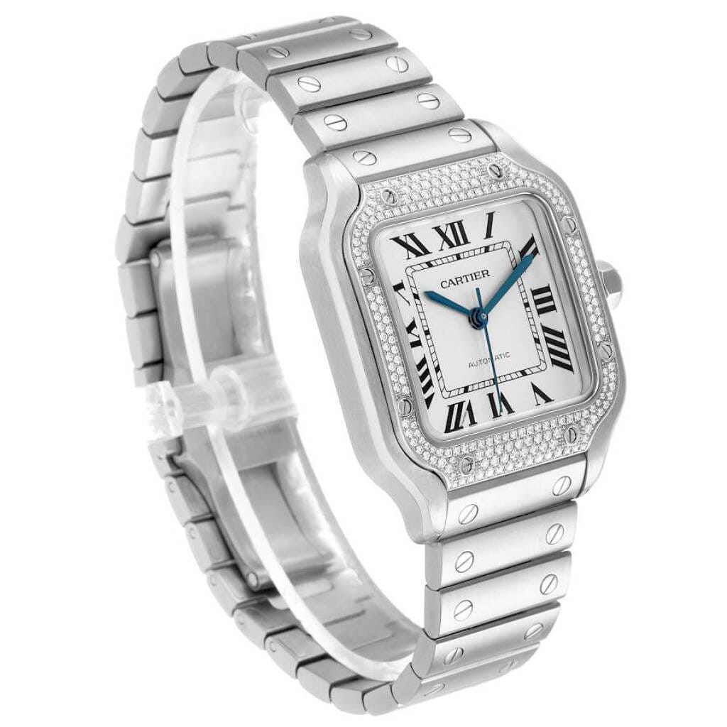 Santos de Cartier Medium (Reference W4SA0005). A 35.1mm stainless steel diamond-set automatic wristwatch. 2023
