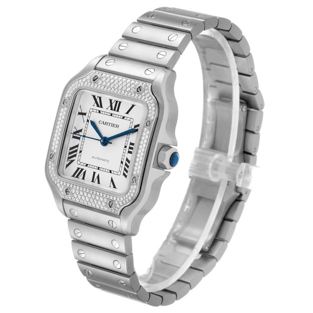 Santos de Cartier Medium (Reference W4SA0005). A 35.1mm stainless steel diamond-set automatic wristwatch. 2023