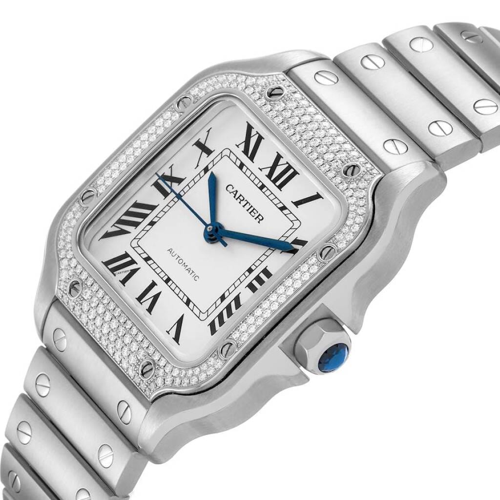 Santos de Cartier Medium (Reference W4SA0005). A 35.1mm stainless steel diamond-set automatic wristwatch. 2023