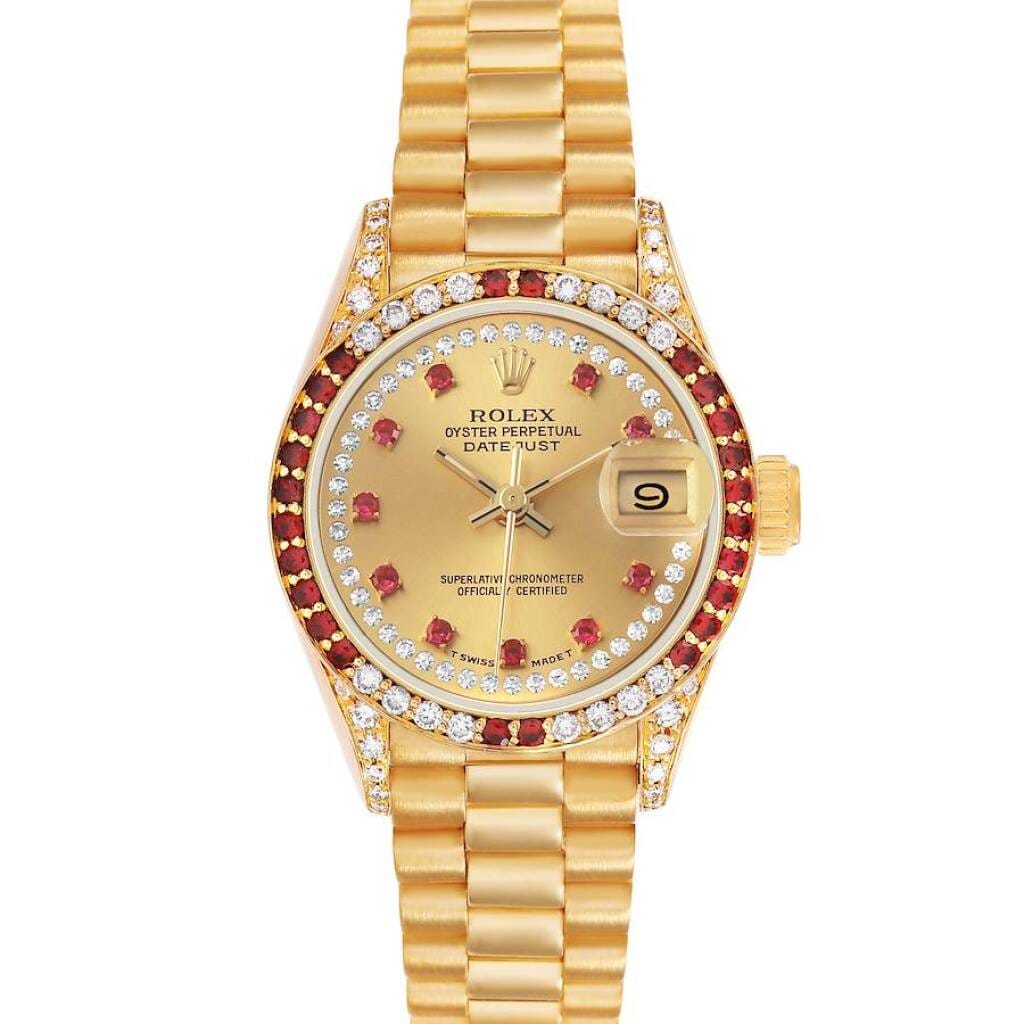 President Datejust (Reference 69038). A 26mm yellow gold diamond and ruby-set automatic wristwatch with date. 1987-1988