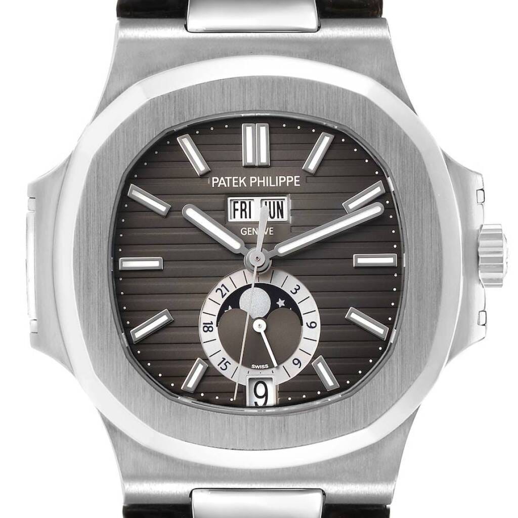 Nautilus (Reference 5726A-001). A 40.5mm stainless steel automatic wristwatch with date, day, month, moon phase, 24 hour-format, and annual calendar. 2012