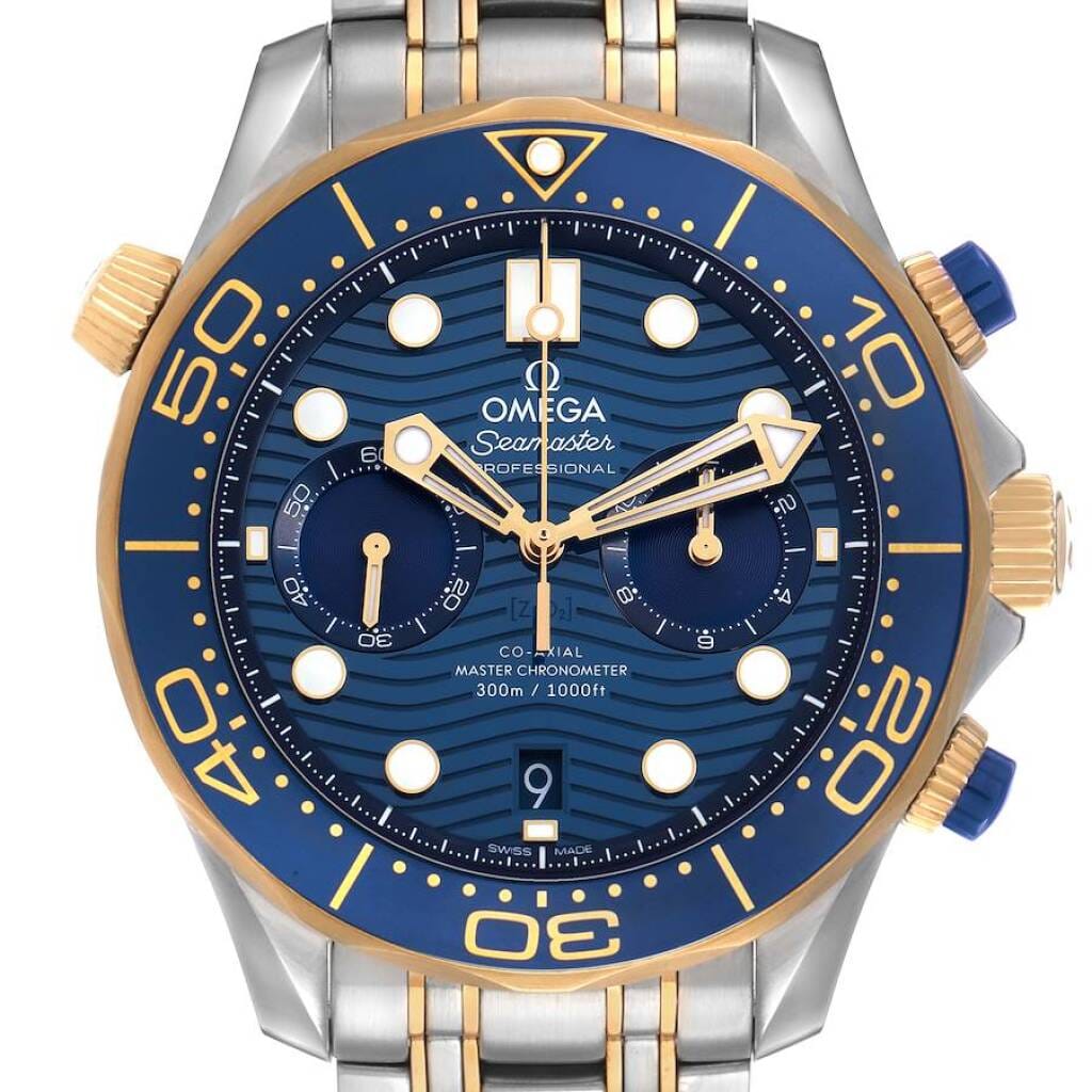 Seamaster Diver 300M (Reference 210.20.44.51.03.001). A 44mm yellow gold stainless steel automatic wristwatch with date and chronograph. 2021