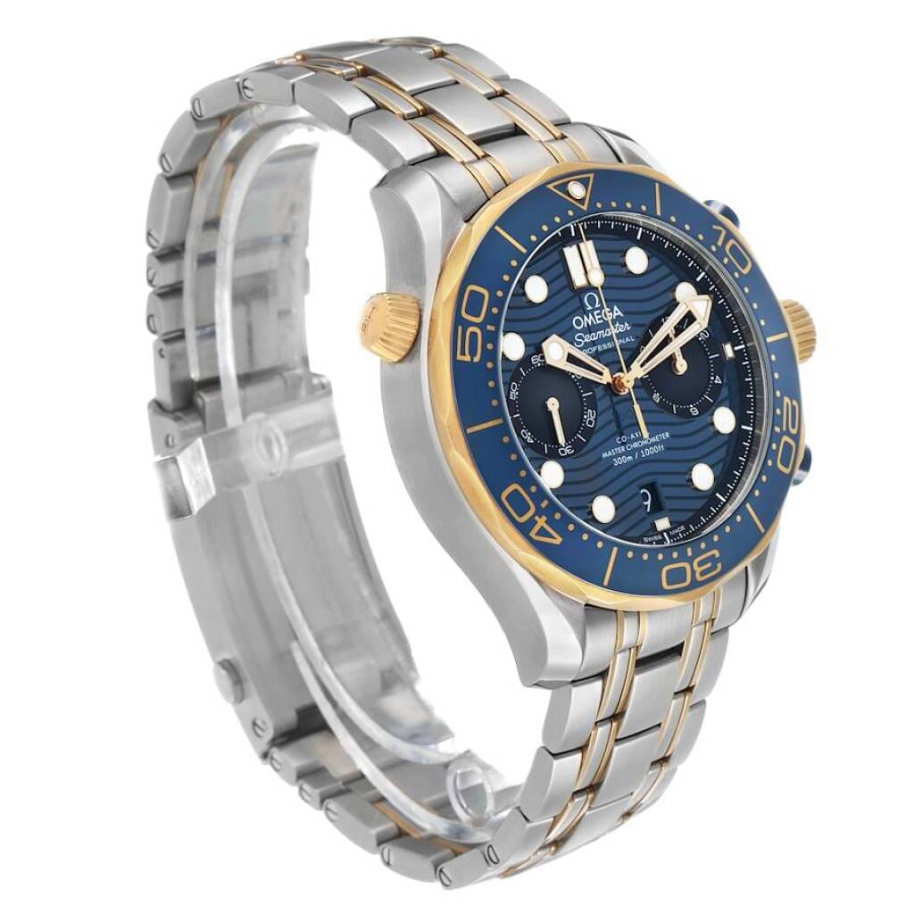 Seamaster Diver 300M (Reference 210.20.44.51.03.001). A 44mm yellow gold stainless steel automatic wristwatch with date and chronograph. 2021