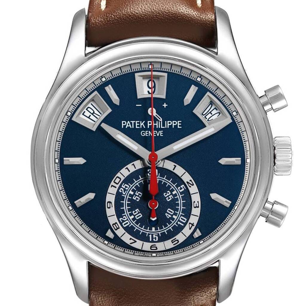Complications (Reference 5960/01G-001). A 40.5mm white gold automatic wristwatch day, date, month, flyback chronograph, power reserve, and annual calendar. 2019