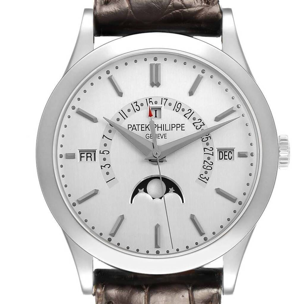 Complications (Reference 5496P-001). A 39.5mm platinum automatic wristwatch with date, day, month, moon phase, leap year, and perpetual calendar. 2012