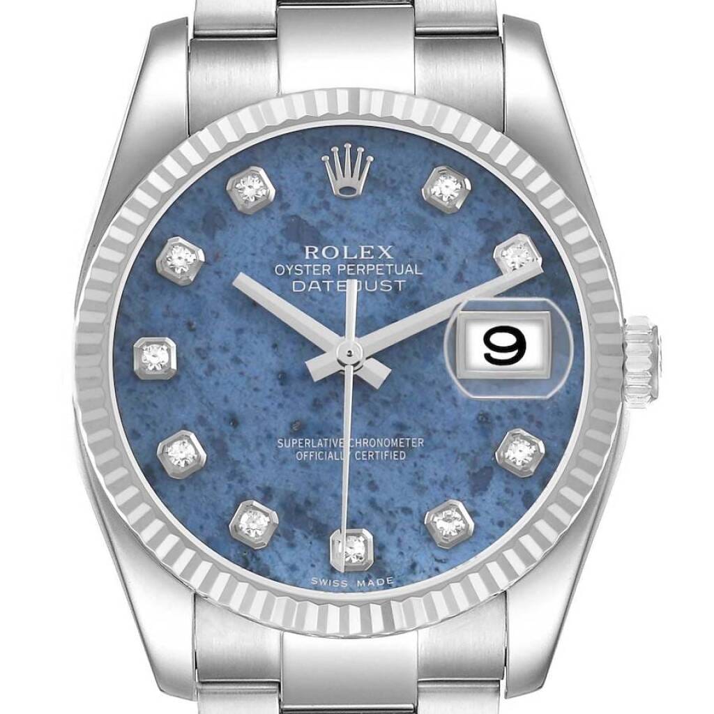 Datejust Sodalite Dial (Reference 116234). A 36mm white gold stainless steel diamond-set automatic wristwatch with date. 2008