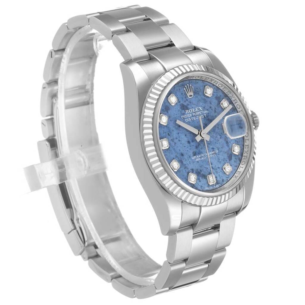 Datejust Sodalite Dial (Reference 116234). A 36mm white gold stainless steel diamond-set automatic wristwatch with date. 2008