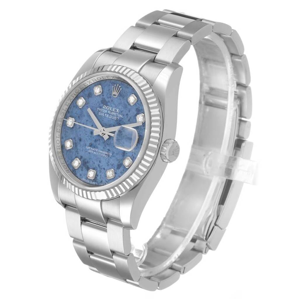 Datejust Sodalite Dial (Reference 116234). A 36mm white gold stainless steel diamond-set automatic wristwatch with date. 2008