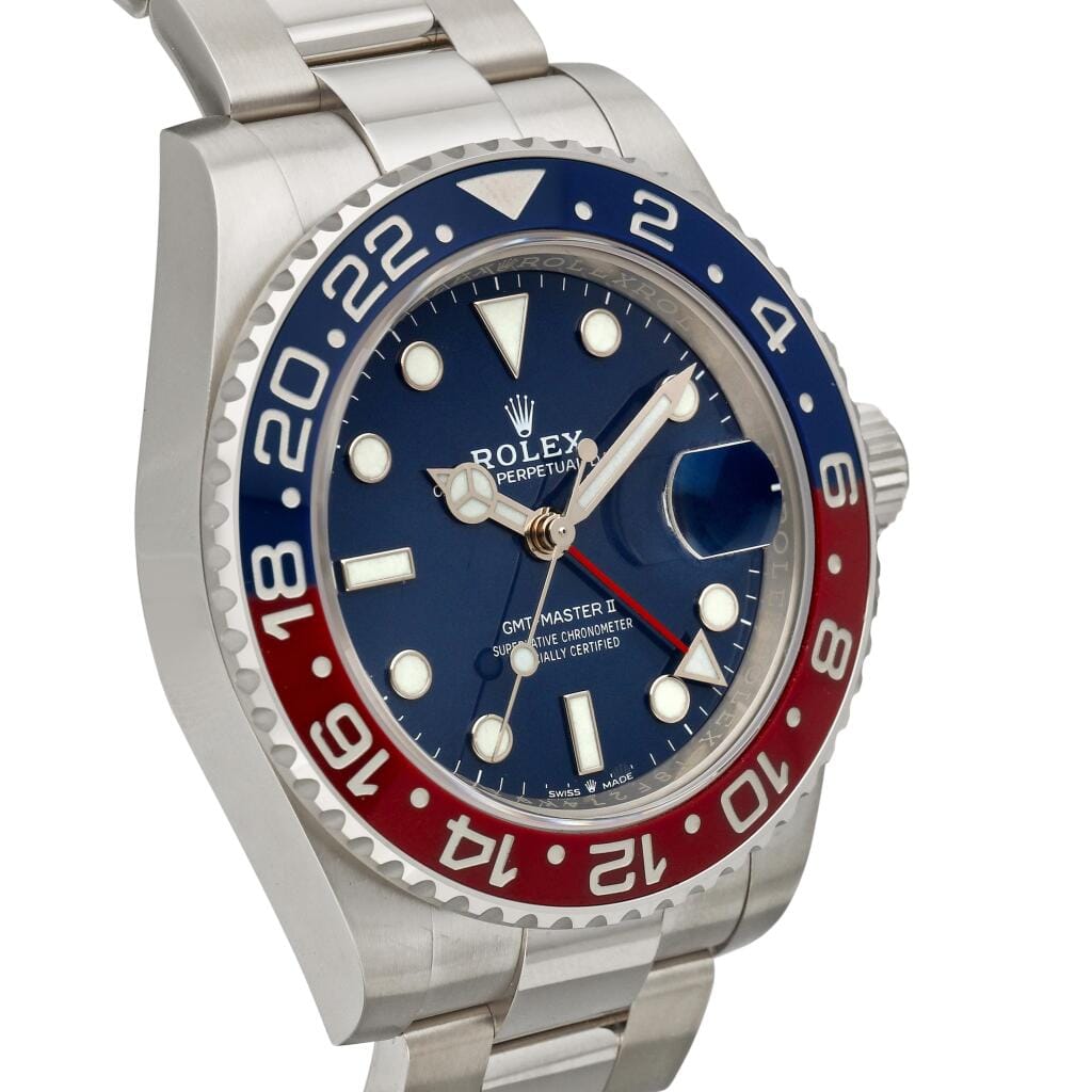 GMT Master II 'Pepsi' (Reference 116719BLRO). A 40mm white gold automatic wristwatch with date and dual time. 2022