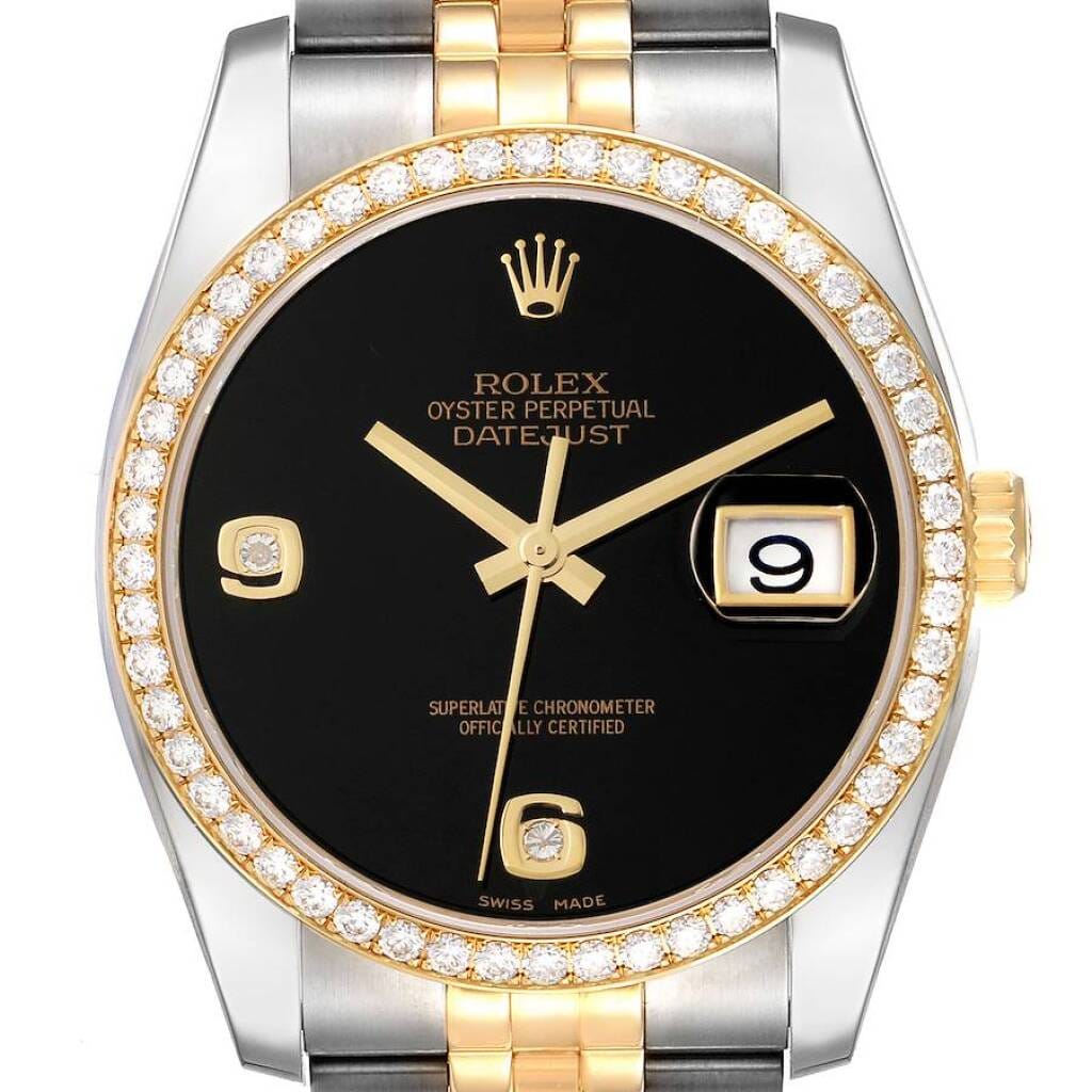 Datejust Oynx Dial (Reference 116243). A 36mm yellow gold stainless steel diamond-set automatic wristwatch with date.