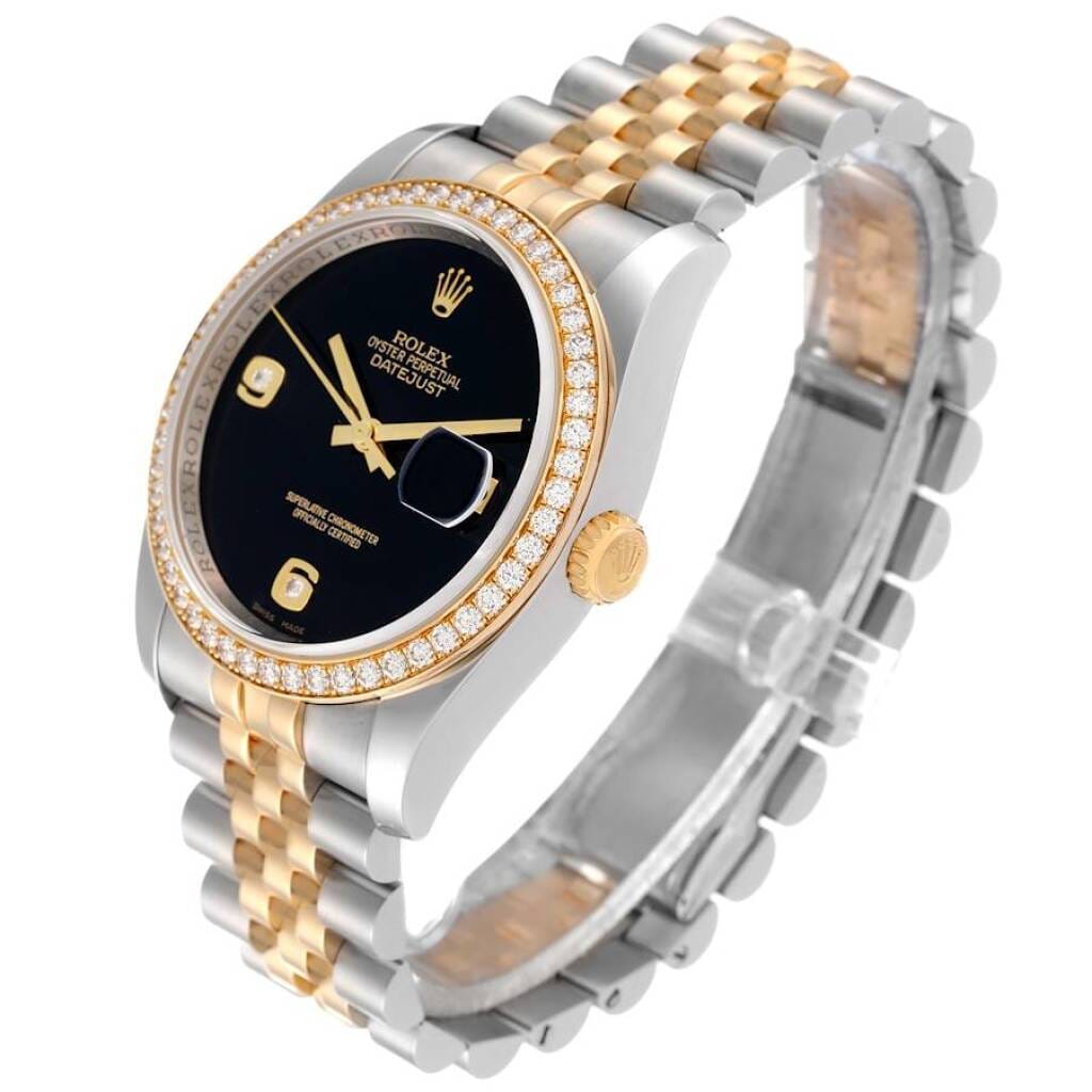 Datejust Oynx Dial (Reference 116243). A 36mm yellow gold stainless steel diamond-set automatic wristwatch with date.