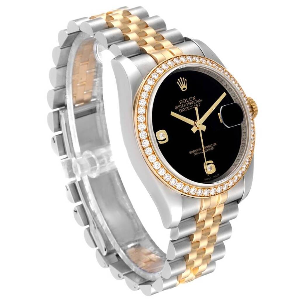 Datejust Oynx Dial (Reference 116243). A 36mm yellow gold stainless steel diamond-set automatic wristwatch with date.
