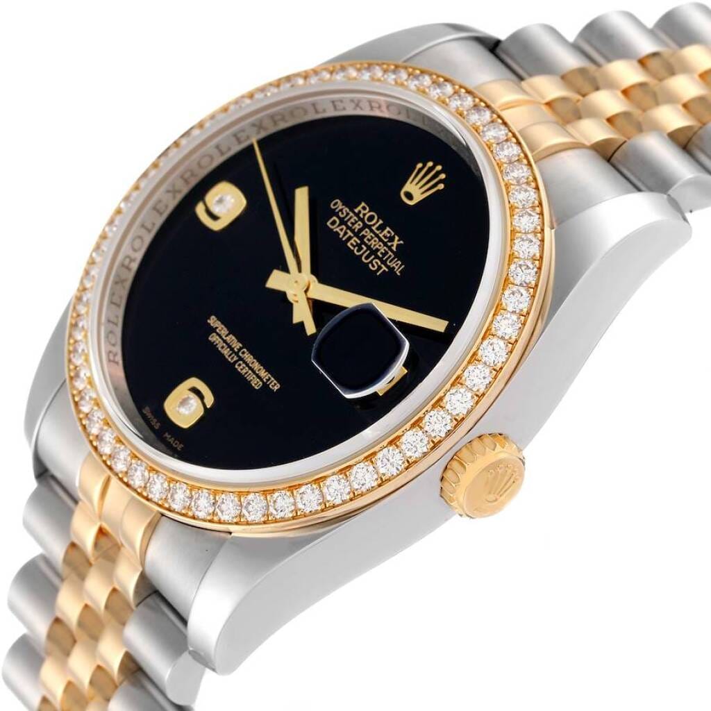 Datejust Oynx Dial (Reference 116243). A 36mm yellow gold stainless steel diamond-set automatic wristwatch with date.