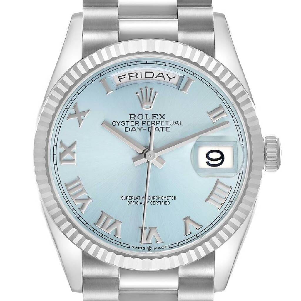 President Day-Date 'Ice Blue' Dial (Reference 128236). A 36mm platinum automatic wristwatch with date and day. 2022