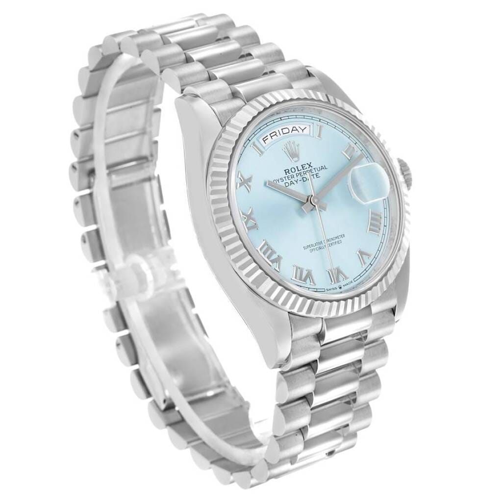 President Day-Date 'Ice Blue' Dial (Reference 128236). A 36mm platinum automatic wristwatch with date and day. 2022