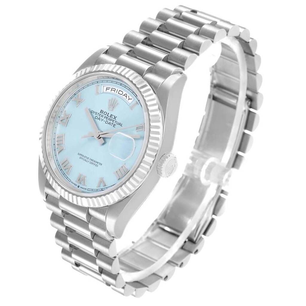 President Day-Date 'Ice Blue' Dial (Reference 128236). A 36mm platinum automatic wristwatch with date and day. 2022