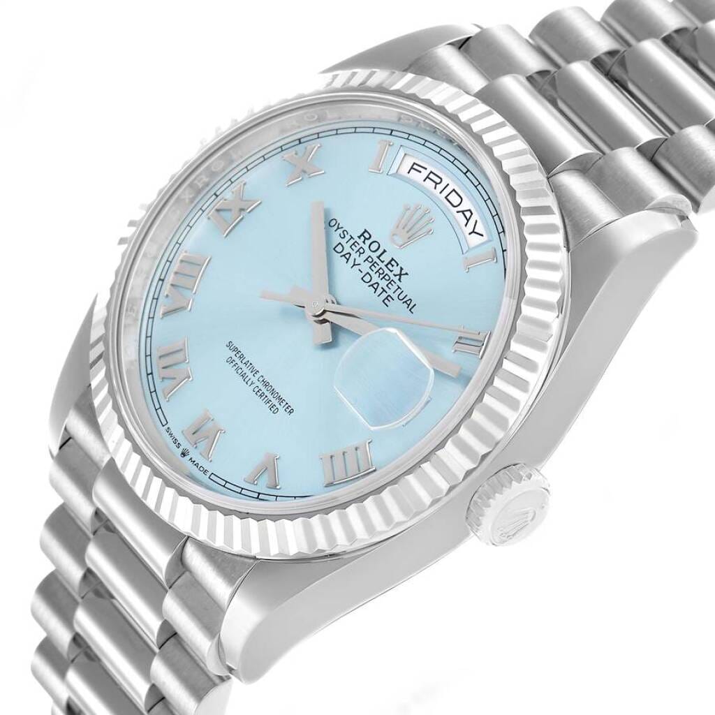 President Day-Date 'Ice Blue' Dial (Reference 128236). A 36mm platinum automatic wristwatch with date and day. 2022