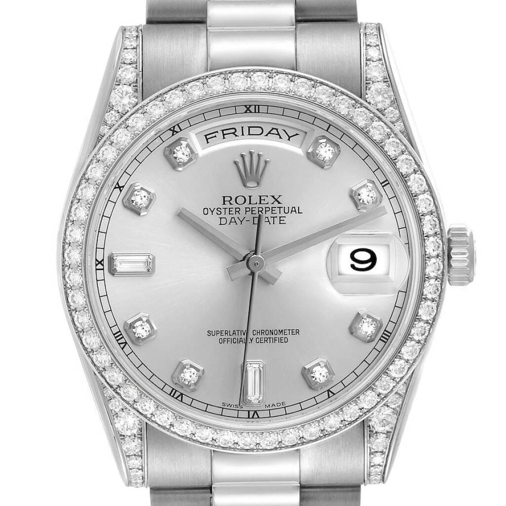 President Day-Date (Reference 118389). A 36mm white gold diamond-set automatic wristwatch with date and day.