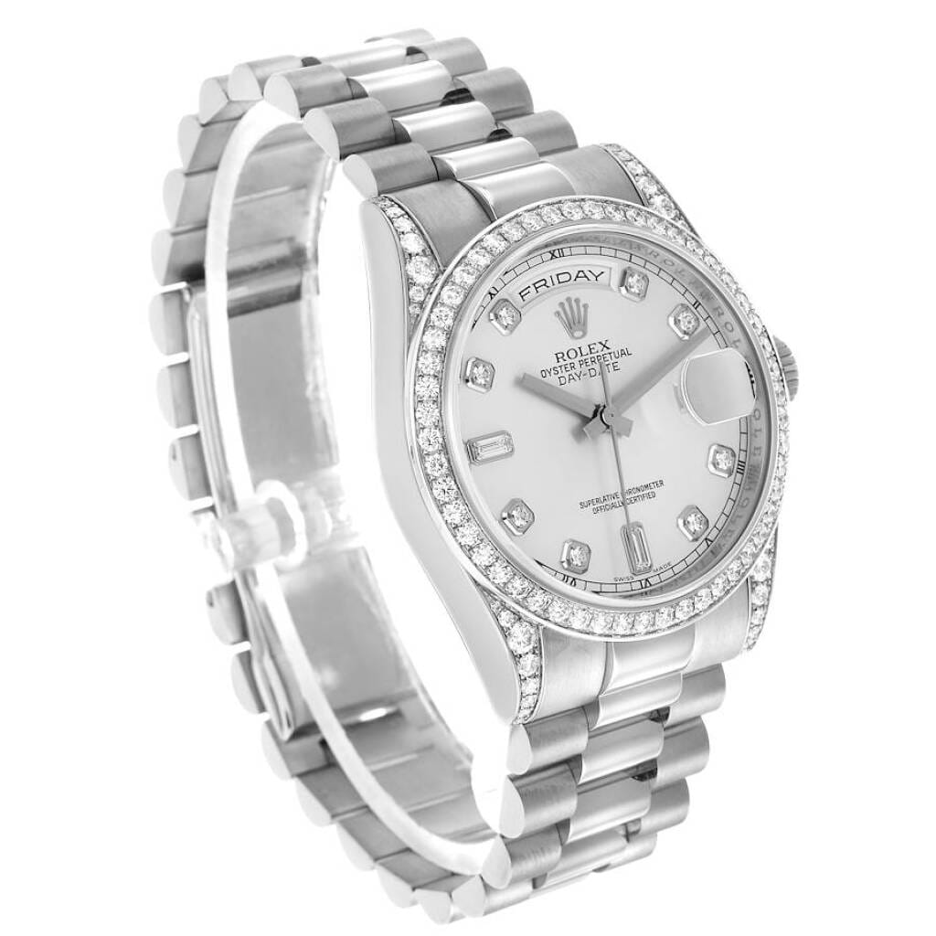 President Day-Date (Reference 118389). A 36mm white gold diamond-set automatic wristwatch with date and day.