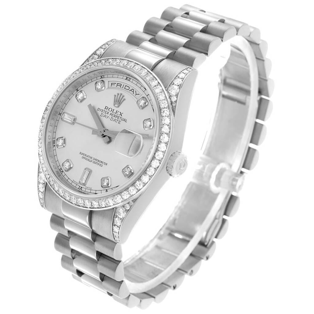 President Day-Date (Reference 118389). A 36mm white gold diamond-set automatic wristwatch with date and day.