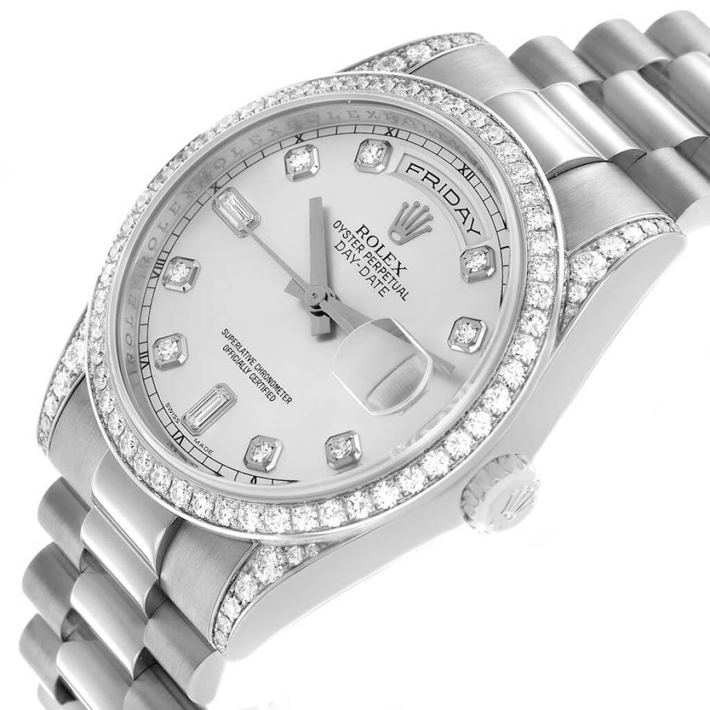 President Day-Date (Reference 118389). A 36mm white gold diamond-set automatic wristwatch with date and day.