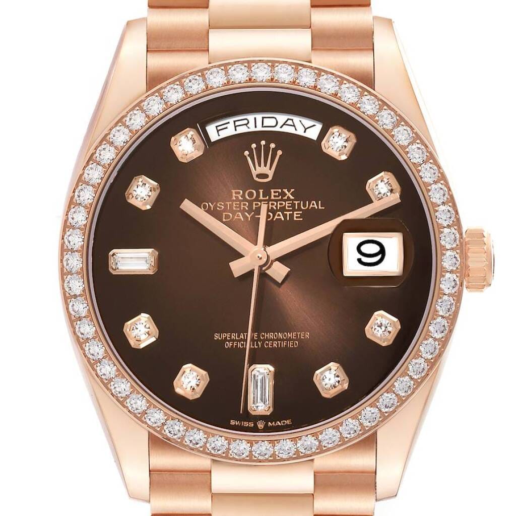 President Day-Date (Reference 128345). A 36mm rose gold diamond-set automatic wristwatch with date and day.