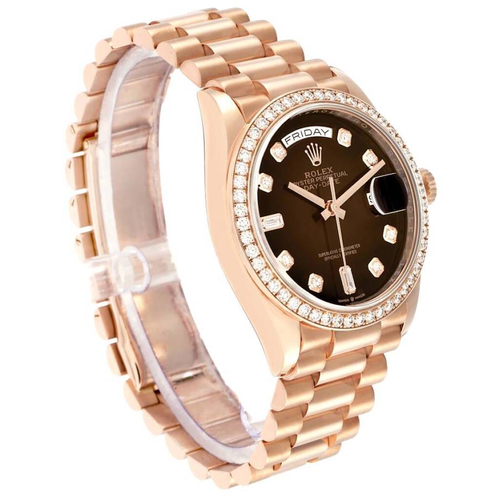 President Day-Date (Reference 128345). A 36mm rose gold diamond-set automatic wristwatch with date and day.