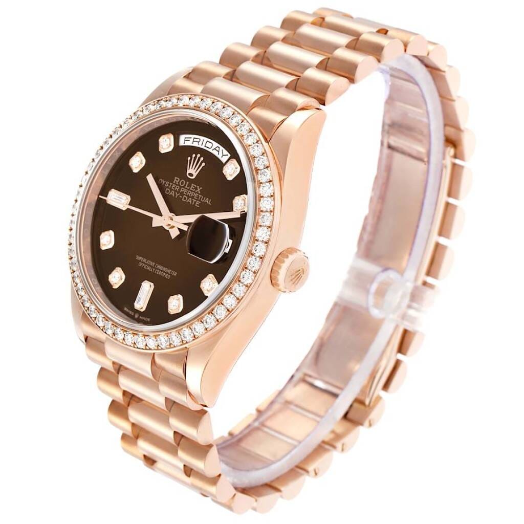 President Day-Date (Reference 128345). A 36mm rose gold diamond-set automatic wristwatch with date and day.